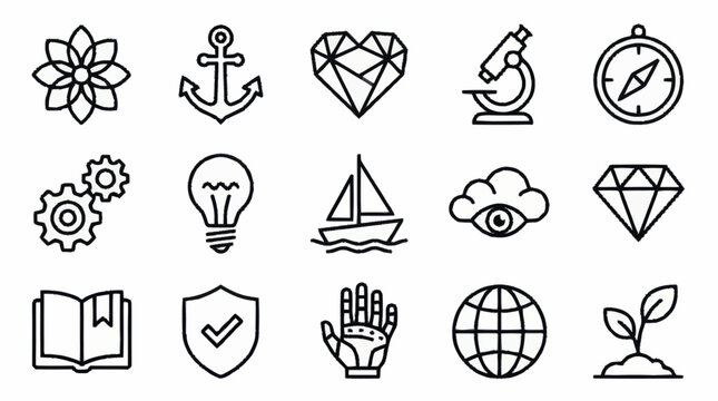 Collection of sixteen minimalist line art icons.
