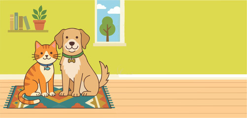 Fototapeta premium Friendly Dog and Cat Sitting Together at Home Illustration