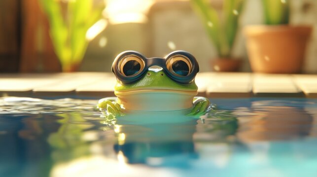 Animated green frog in a pool with goggles, sunny ambiance, playful and cheerful