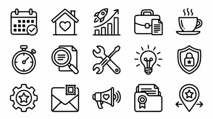 Collection of sixteen black outline icons for business and lifestyle. © Kiki