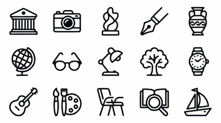 Fototapeta premium Collection of black line art icons representing various themes.