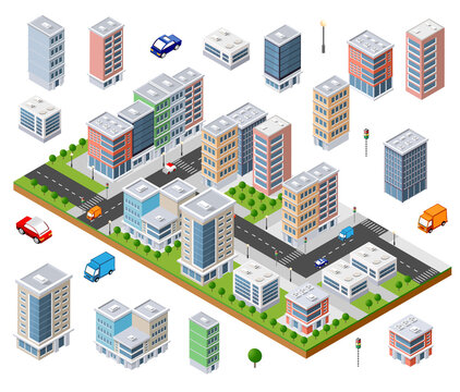 Isometric city map constructor with buildings and cars