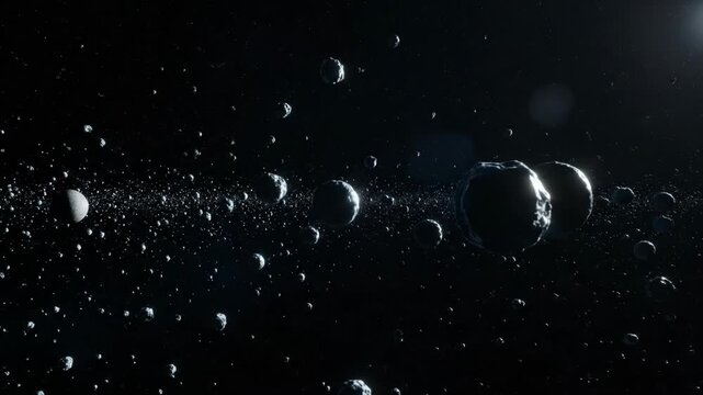 Numerous asteroids drift through the vastness of space. Celestial bodies orbit in a dark, star-filled expanse.