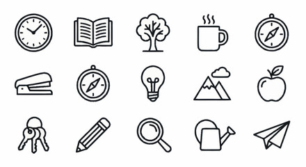Fototapeta premium Collection of sixteen black line icons for various concepts.