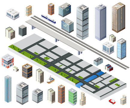 Isometric city construction elements assembling urban infrastructure