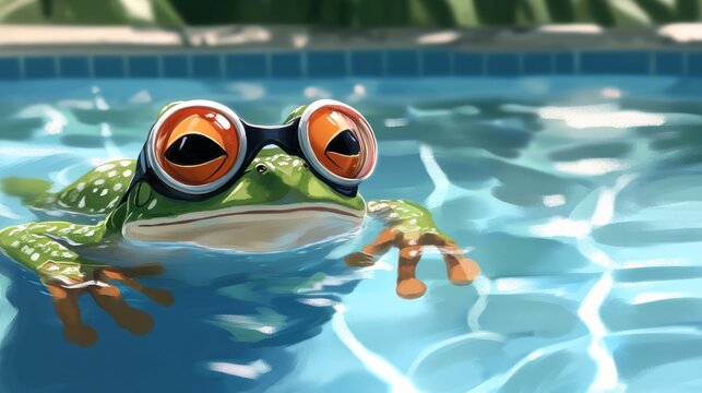 Green frog in pool with goggles, water reflections, sunny day