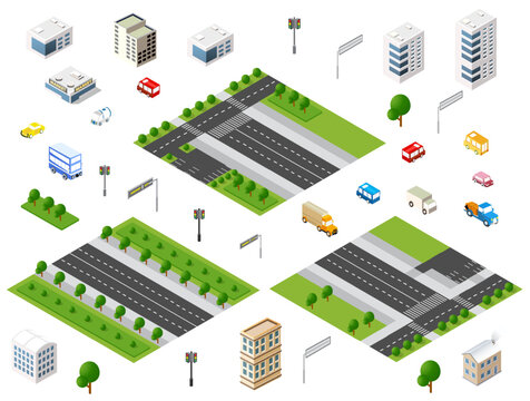 Isometric city constructor elements building urban infrastructure