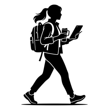 Student walks across campus carrying a backpack and holding a warm coffee cup and digital tablet.