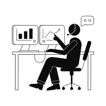 Analyst works at a desk while monitoring financial performance data on dual computer screens.