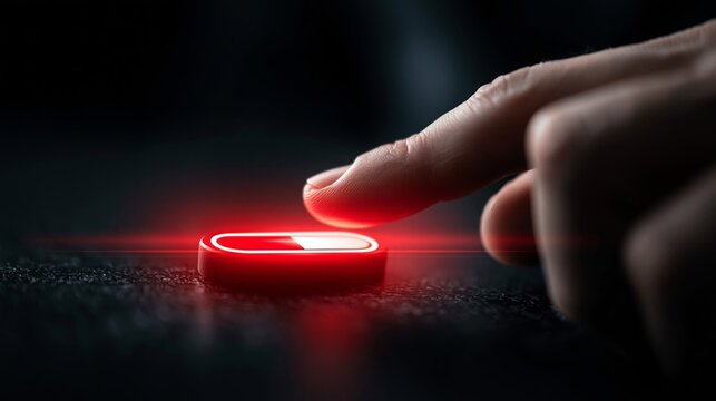 Glowing red button press signifies critical decision-making, security protocols, and urgent action in a high-stakes environment