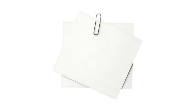 Two white paper notes held by a metal paperclip isolated on a transparent background