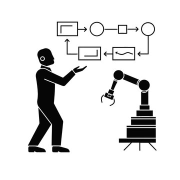 Businessman coordinates a robotic arm to execute a complex industrial workflow process efficiently.