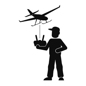 Drone operator controls a remote aircraft in this minimalist black and white graphic illustration.