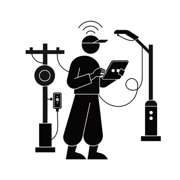 Technician uses a digital tablet to monitor smart grid infrastructure and urban electrical systems.