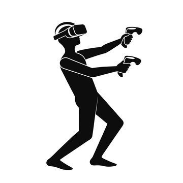 Gamer engages in immersive virtual reality simulation using handheld motion tracking controllers.