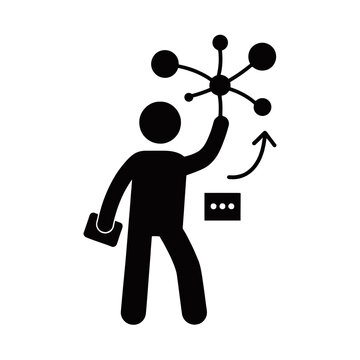 Person icon interacts with a digital network structure to symbolize efficient data management.