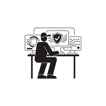 Cybersecurity expert monitors secure network infrastructure on multiple computer monitors daily.