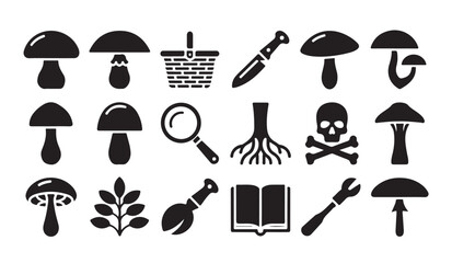 Mushroom foraging icon set featuring basket knife magnifying glass and poisonous symbol. © parul