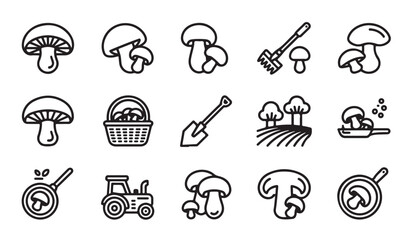 Mushroom picking linear icons set, shovel, rake, basket, farm, tractor, pan, vector illustration. © parul
