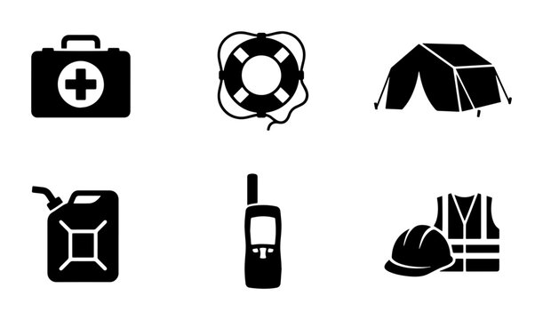 Emergency survival icons set, rescue equipment symbols, 6 black vector silhouettes for disaster preparedness