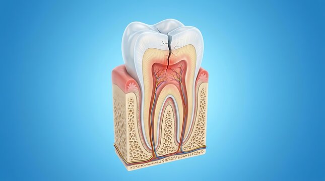 Tooth cross-section displays a painful vertical crack reaching the sensitive inner pulp chamber of a molar against a gradient blue background.