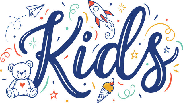 Kids playful illustrated text with fun doodles and icons Vector