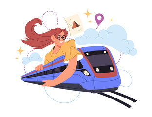 Fototapeta premium Surreal travel. Woman holding miniature train with destination marker to Egypt. Pyramid symbolizes arrival and cultural destination. Vector railway tourism exploration and global journey planning