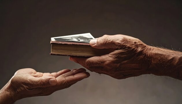 Generations: Elderly hands pass down a cherished old photo album, symbolizing legacy and memories shared between two generations.