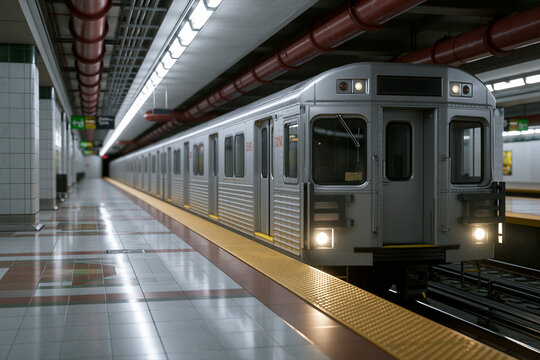 Train arrives at subway station in a city