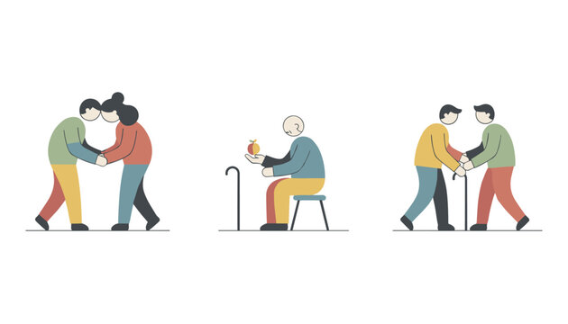 Caring for elderly people illustrations showing young volunteers supporting and helping senior citizens in daily life activities.