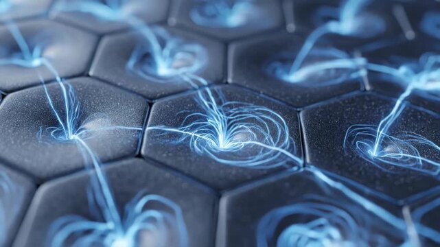 Abstract hexagonal cells pulse with vibrant blue energy.  Digital network connections flow through the cellular structure.