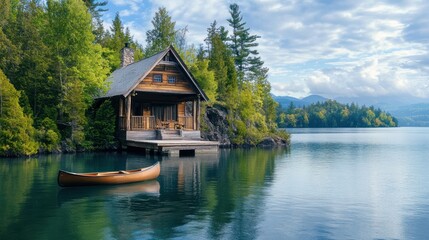 Obraz premium Lakeside cabin with dock, canoe, and lush trees under a cloudy sky