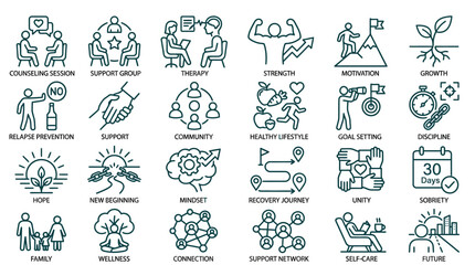 Fototapeta premium Mental Health Support Icons: Therapy, Wellness, Recovery, and Growth