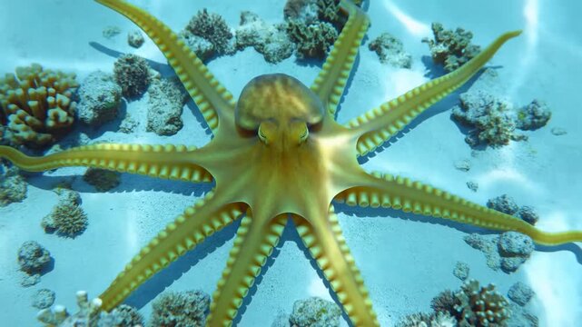 Overhead orange-brown octopus resting on pale sandy seafloor with eight arms splayed outward, coral fragments nearby, visible suction cups, caustic daylight, marine habitat detail