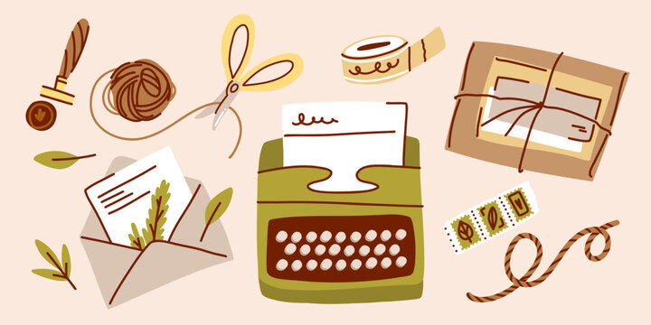 Cozy Postal Stationery Collection with Vintage Typewriter, Envelope, Parcel and Handwritten Letter, Hand Drawn Cottagecore Illustration for Happy Mail and Journaling