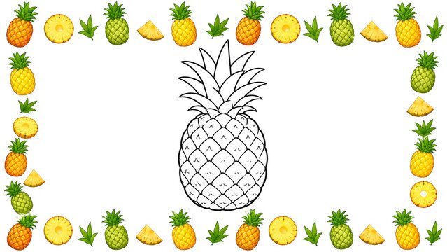 Cute pineapple coloring page featuring a large black and white pineapple illustration in the center with a colorful pineapple border pattern. Printable educational worksheet for kids.