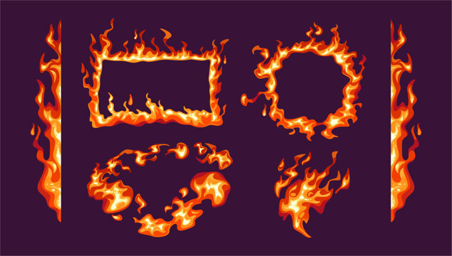 Fire in geometric flame shapes. Circle and linear, square and triangle burning elements. Structured blaze design with glowing heat and energy effects. Vector abstract ember compositions set