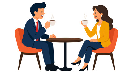 Obraz premium Business Meeting at Cafe: Professional Man and Woman in Business Suits Enjoying Coffee Conversation at Small Round Table, Steam Rising from White Cups, Casual Corporate Discussion, Friendly Colleagues