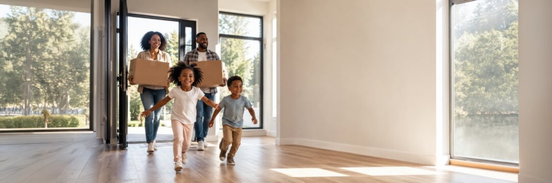 Happy Black family carrying boxes into a bright new home as excited children run ahead, capturing moving day joy, website banner with a place for text