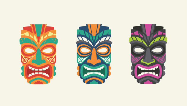 Set of three traditional colorful tiki masks with angry facial expressions isolated on warm off-white background.
