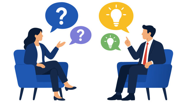 Business Professionals Meeting with Question and Idea Speech Bubbles, Corporate Discussion Vector Illustration of Man and Woman in Suits Sitting Across Office Chairs with Floating Question Marks and