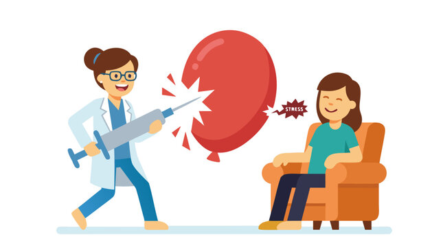 A female doctor in a white coat uses a giant syringe to pop a red balloon labeled stress while a patient relaxes in an armchair, symbolizing stress relief and mental health therapy in a flat vector