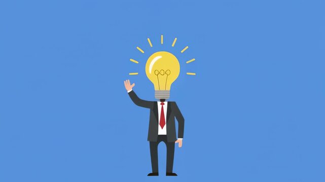 Business idea growth animated with lightbulb man waving on blue background