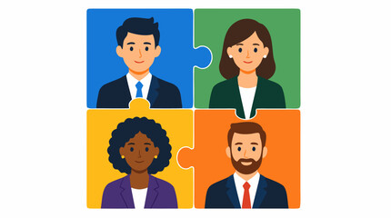 Fototapeta premium Four Interlocking Jigsaw Puzzle Pieces with Diverse Business Professionals in Formal Attire Symbolizing Teamwork Collaboration Unity and Corporate Partnership in Modern Workplace Vector Illustration