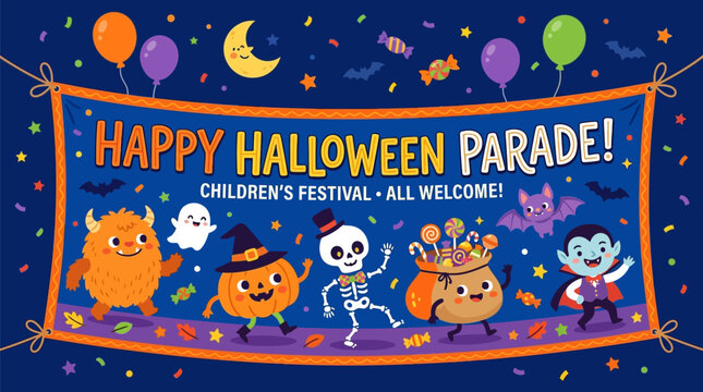 Colorful halloween parade banner celebrating children's festival