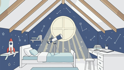Astronomy themed kid attic bedroom features constellation wallpaper, a telescope on a tripod, rocket toy, and cozy bed. © MD