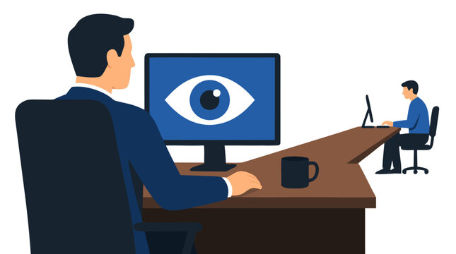 Manager Surveillance Concept with Giant Eye on Computer Screen Watching Employee Working at Office Desk, Corporate Monitoring, Big Brother Supervision, Workplace Privacy Control Vector Illustration