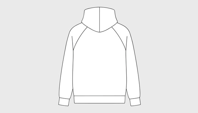 Simple black and white line drawing illustrates the back view of a classic comfortable hooded sweatshirt or jacket.