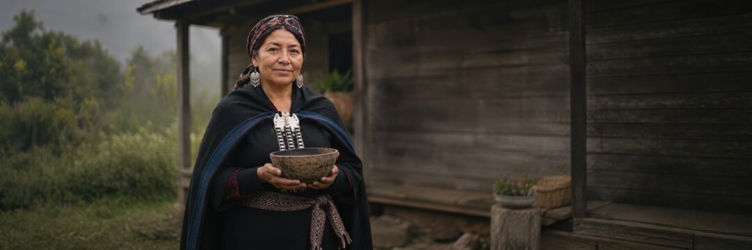 Traditional Mapuche woman holding a handmade bowl outside a rustic wooden home with copy space, Indigenous culture, rural life, ancestral heritage, cultural identity
