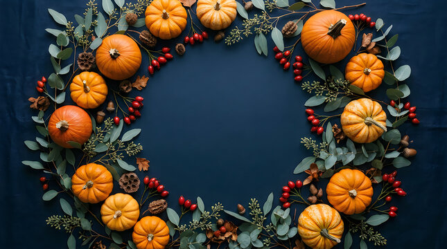 Autumn pumpkins and berries wreath decoration on dark background